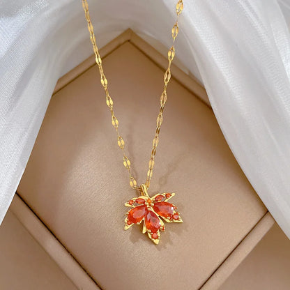 Red Maple Leaf Crystal Pendant Necklace For Women Girl New Trend Clavicle Chain Jewelry Gift Party