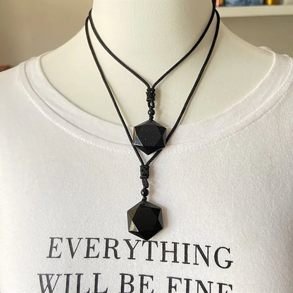 Natural Black Obsidian Hexagram Healing Crystal Pendant Amulet Protection Necklace Sweater Chain Women Men Charm Jewelry Gifts