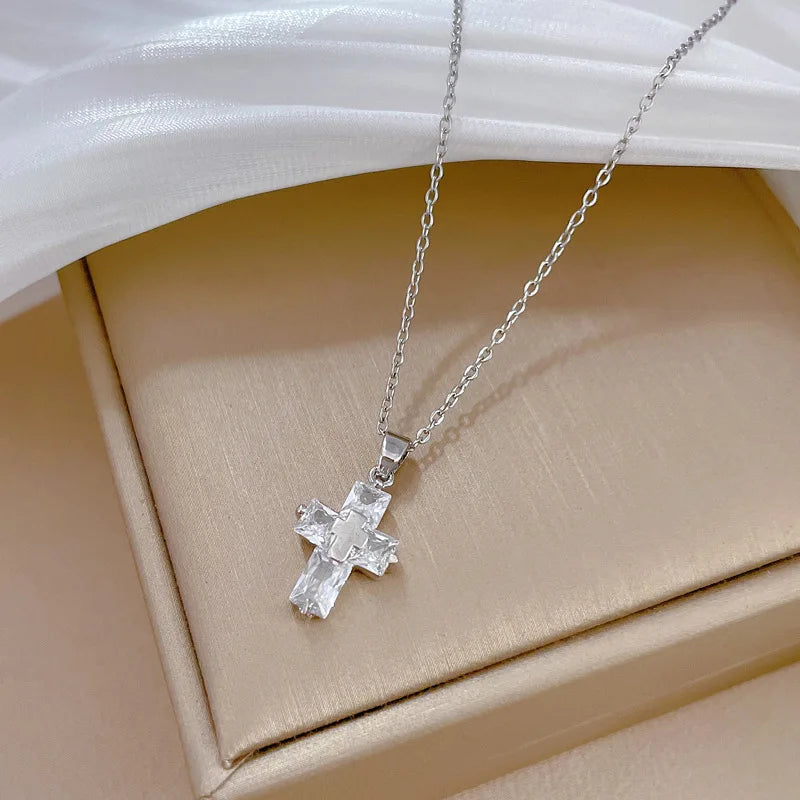 Fashionable Light Luxury Cross Micro-inlaid Stainless Steel Necklace Classic Personality Trend Wedding Clavicle Chain Pendant