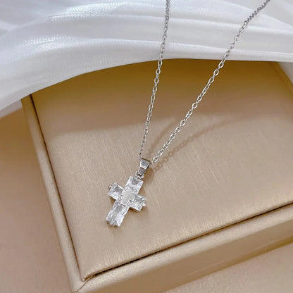 Fashionable Light Luxury Cross Micro-inlaid Stainless Steel Necklace Classic Personality Trend Wedding Clavicle Chain Pendant