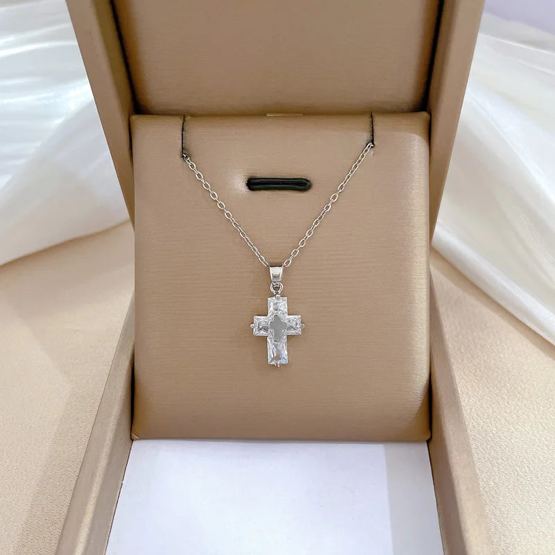 Fashionable Light Luxury Cross Micro-inlaid Stainless Steel Necklace Classic Personality Trend Wedding Clavicle Chain Pendant