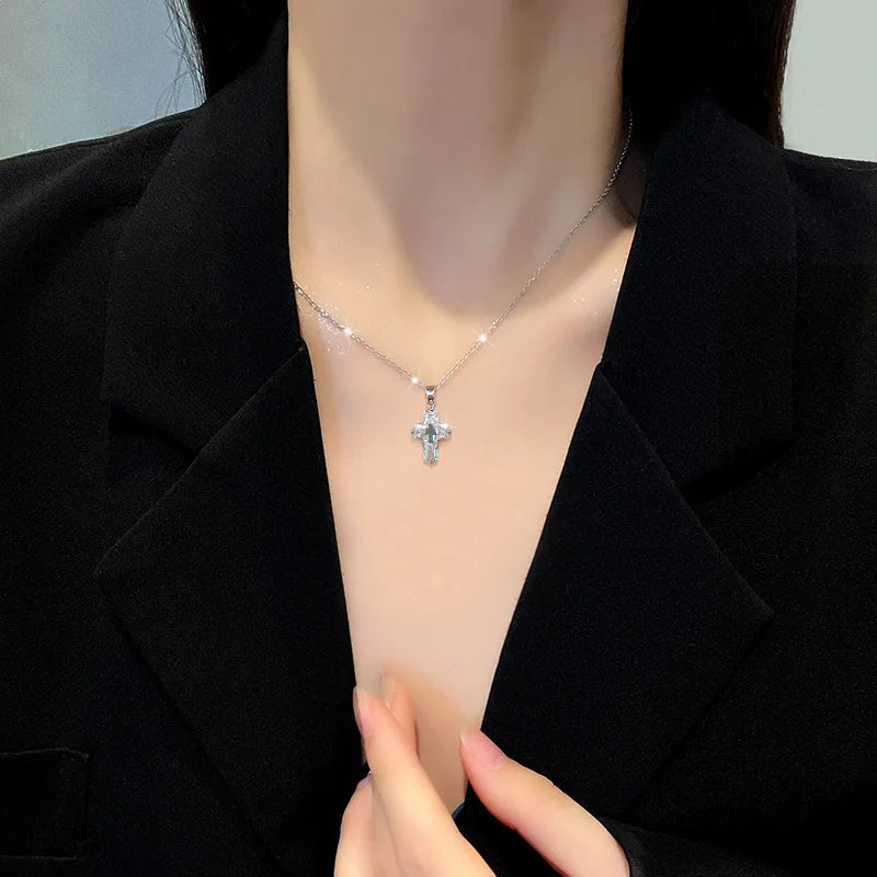 Fashionable Light Luxury Cross Micro-inlaid Stainless Steel Necklace Classic Personality Trend Wedding Clavicle Chain Pendant