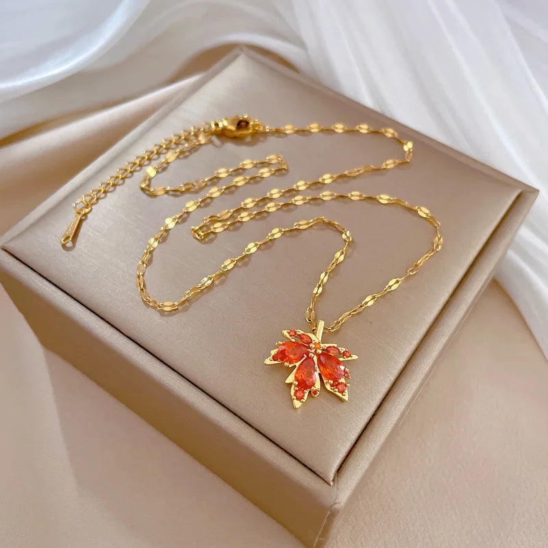 Red Maple Leaf Crystal Pendant Necklace For Women Girl New Trend Clavicle Chain Jewelry Gift Party