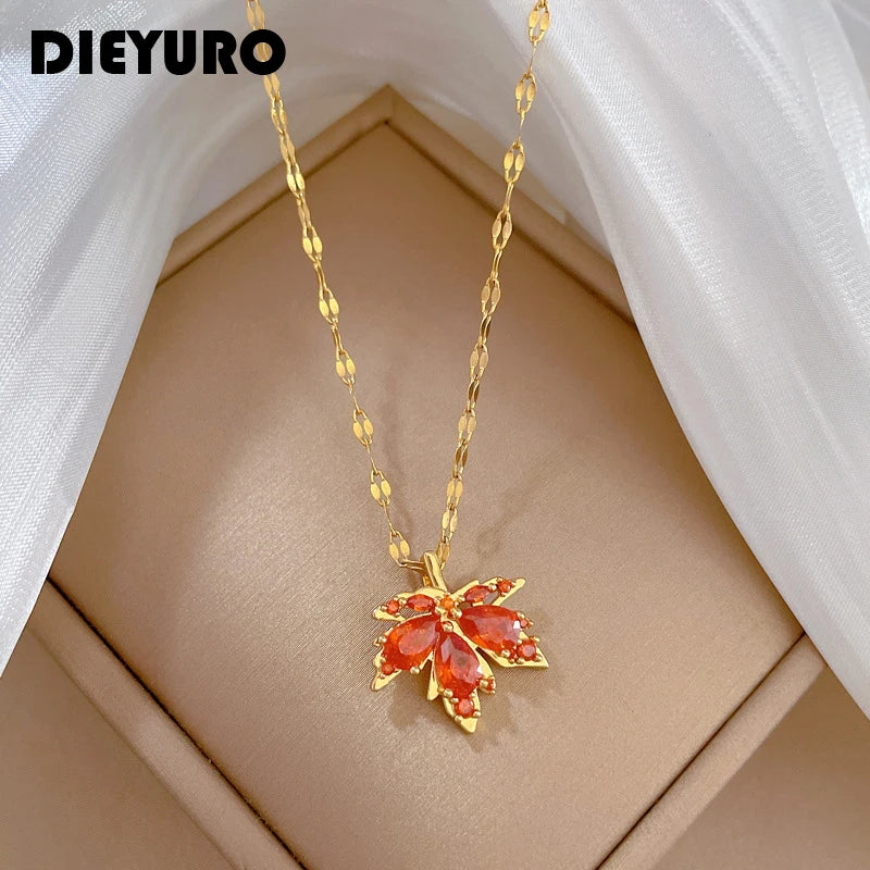 Red Maple Leaf Crystal Pendant Necklace For Women Girl New Trend Clavicle Chain Jewelry Gift Party