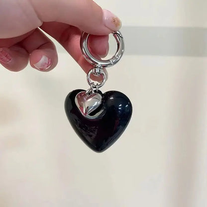 Korean Style Cute Pink Black Heart Keychains Y2K Sweet Fashion Daily Jewelry Bag Accessories for Women Girls New Pendant Keyring