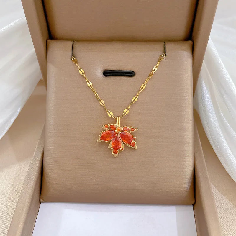 Red Maple Leaf Crystal Pendant Necklace For Women Girl New Trend Clavicle Chain Jewelry Gift Party