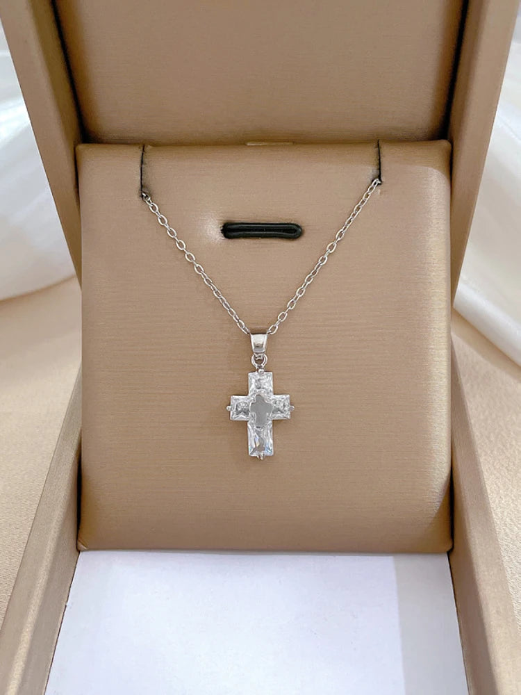 Fashionable Light Luxury Cross Micro-inlaid Stainless Steel Necklace Classic Personality Trend Wedding Clavicle Chain Pendant