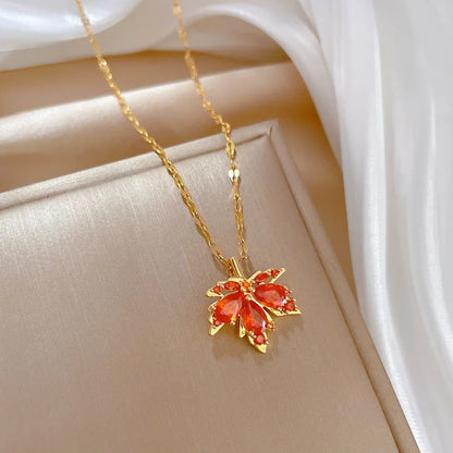 Red Maple Leaf Crystal Pendant Necklace For Women Girl New Trend Clavicle Chain Jewelry Gift Party