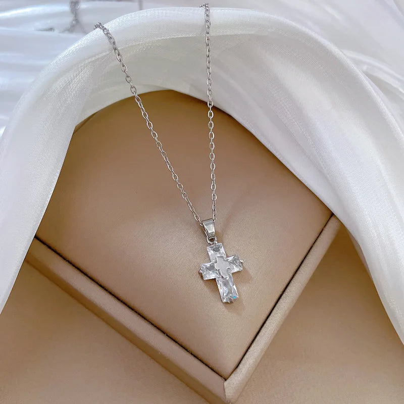 Fashionable Light Luxury Cross Micro-inlaid Stainless Steel Necklace Classic Personality Trend Wedding Clavicle Chain Pendant