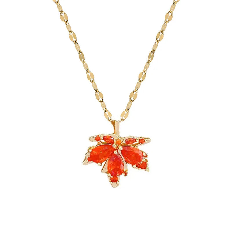 Red Maple Leaf Crystal Pendant Necklace For Women Girl New Trend Clavicle Chain Jewelry Gift Party