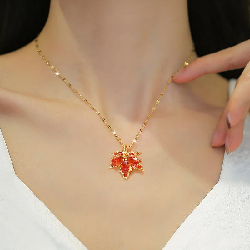 Red Maple Leaf Crystal Pendant Necklace For Women Girl New Trend Clavicle Chain Jewelry Gift Party