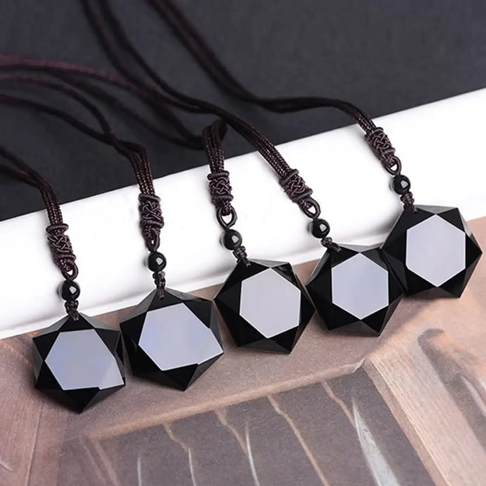 Natural Black Obsidian Hexagram Healing Crystal Pendant Amulet Protection Necklace Sweater Chain Women Men Charm Jewelry Gifts