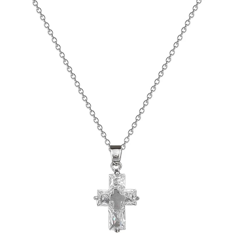 Fashionable Light Luxury Cross Micro-inlaid Stainless Steel Necklace Classic Personality Trend Wedding Clavicle Chain Pendant