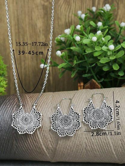 Ethnic Style Metal Pattern Pendant Earrings Necklace Set Metal Pendant Women's Jewelry Gift Set